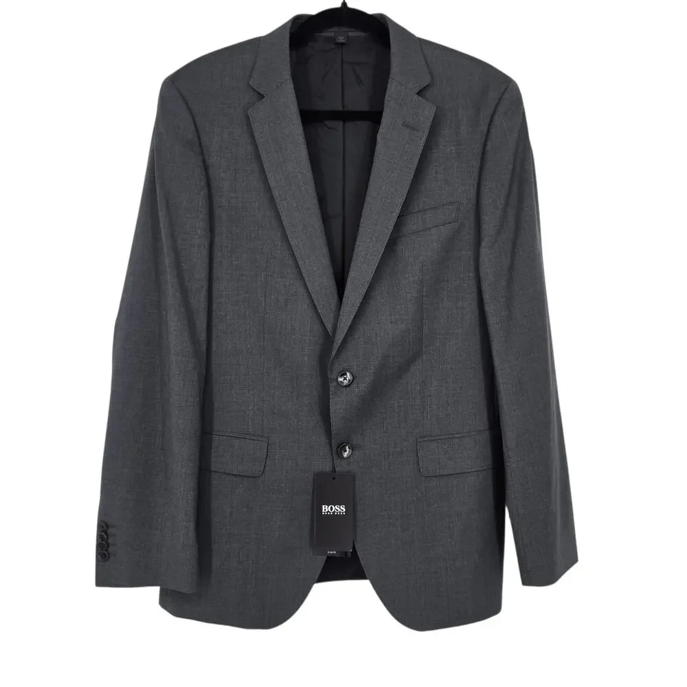 NWT Boss By Hugo Boss Charcoal Gray Slim Fit Two-Button Wool Blazer Size 40R